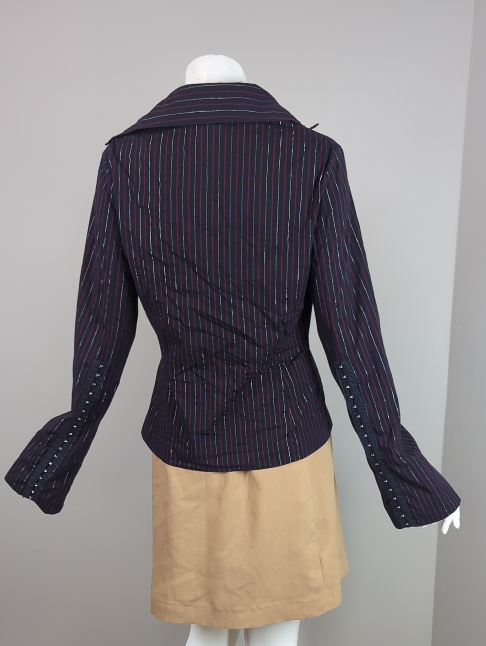 Vintage Le Chateau Striped Women's Tailored Shirt Black Red Medium Hook And Eye